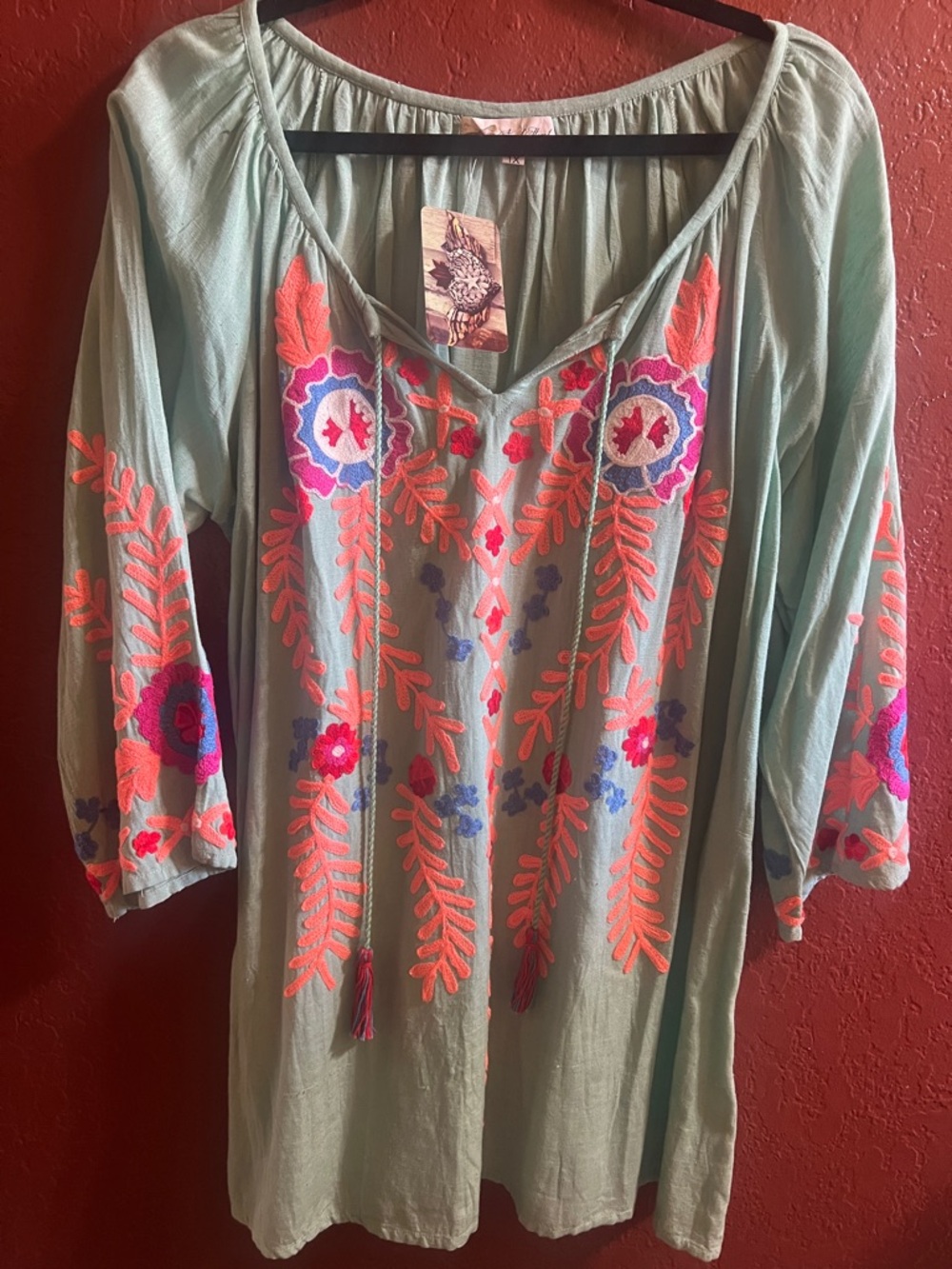 Boho Embroidered V-Neck Tunic Top - Mint with Coral & Purple Embroidery